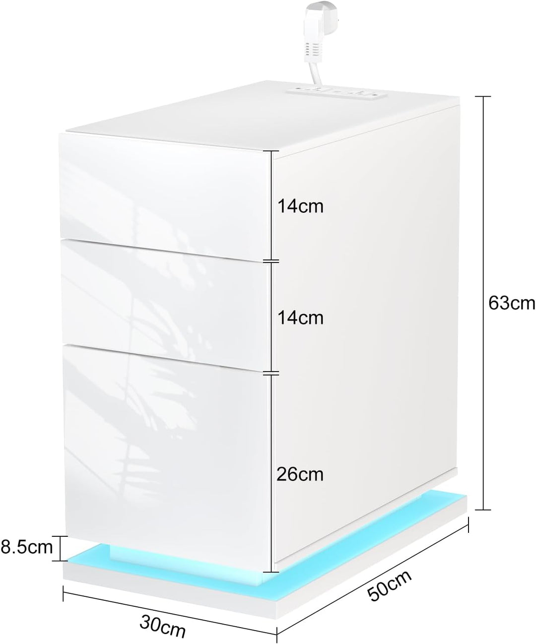 Nachttisch Schmal mit Led, Schmaler Kleiner Nachtschrank mit Steckdose und 3 Schubladen, Nachtkästch