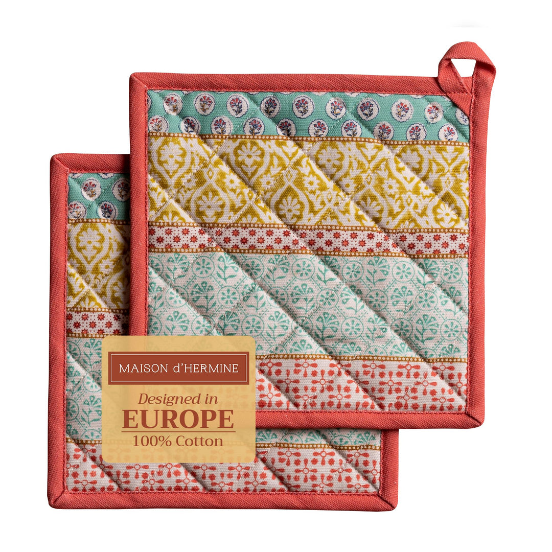 Maison d'Hermine Topflappen-Set, 100% Baumwolle, hitzebeständig, 20 cm x 20 cm, mit Schlaufe zum Gri