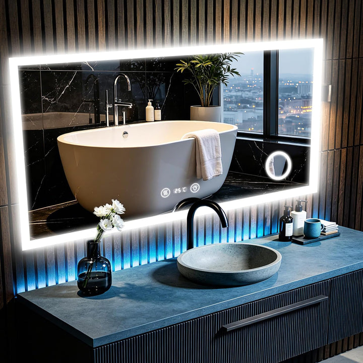 Dripex LED Badspiegel 100x60cm, Badezimmerspiegel mit Uhr und schminkspiegel 60L x 100B cm mit Uhr,