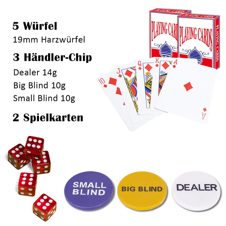 COSTWAY 500 Laser-Chips Pokerset, Poker Komplett Set mit 2 Spielkarten, 5 Würfel, 3 Händler-Chips un