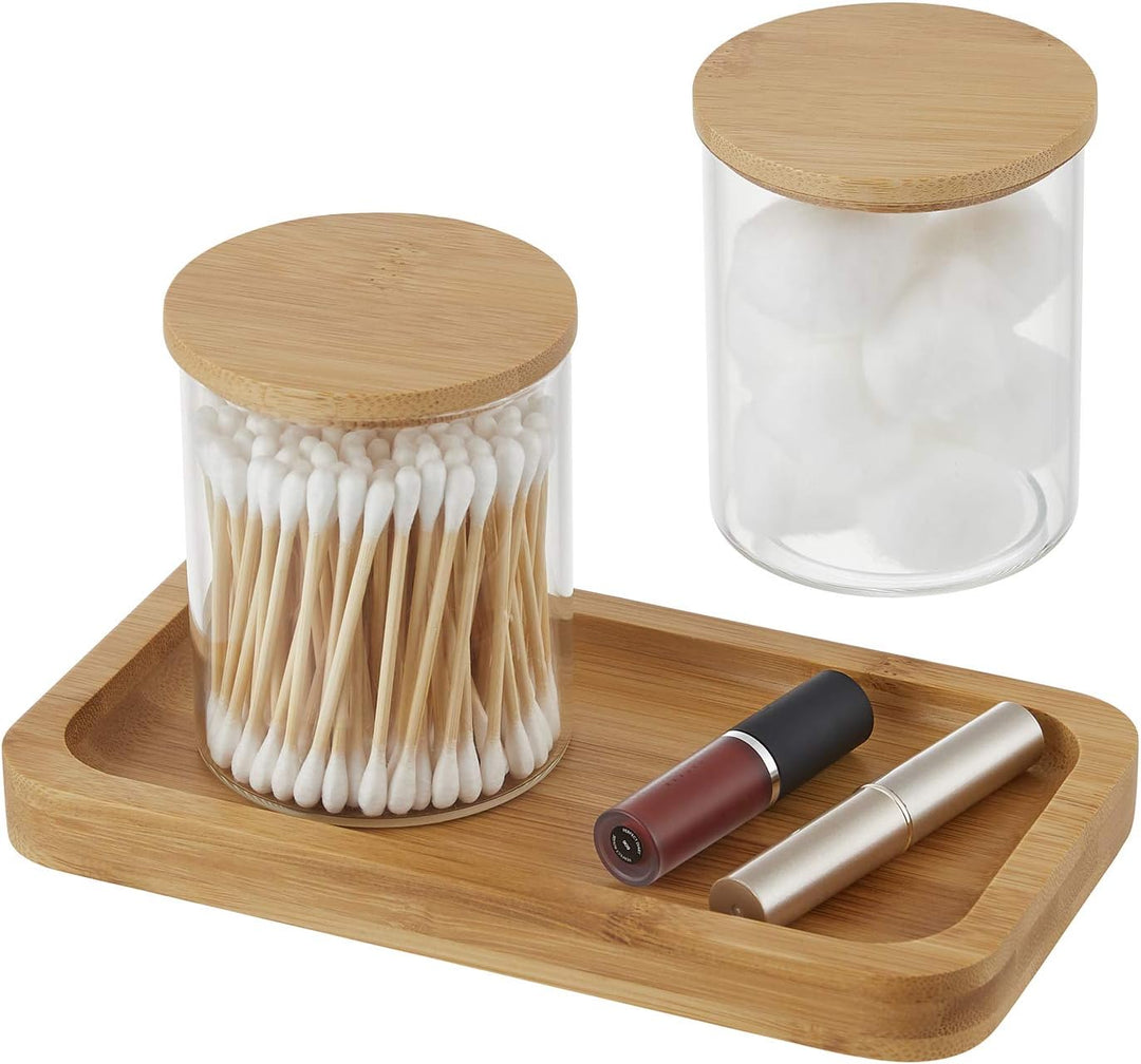 YININE Glas Qtip Halter Badezimmer-Gläser mit Schminktablett, Apotheker-Gläser Badezimmer-Behälter Q