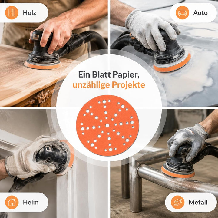 Papier Schleifscheiben 150mm Klett Orange 49-Loch K80 Holz/Auto | Langlebige Schleifscheiben mit Pap