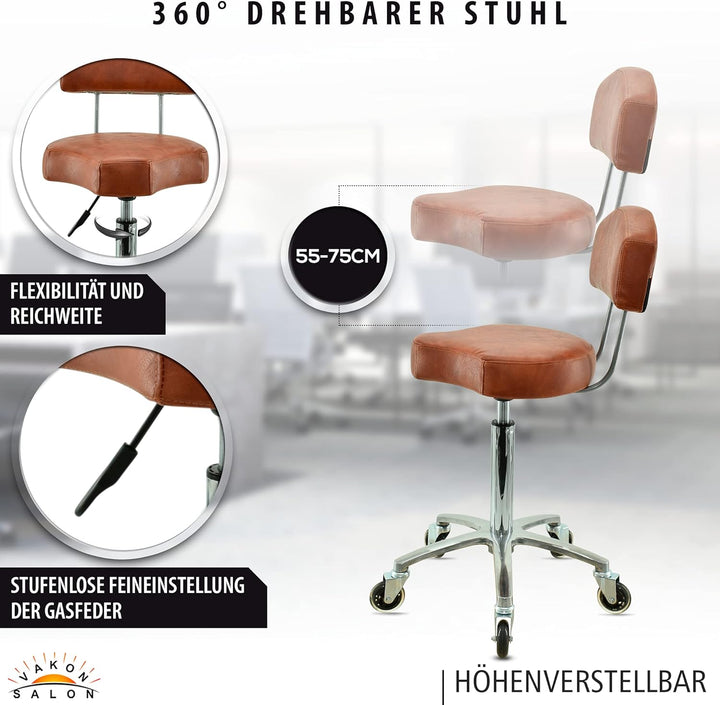 Ergonomischer Rollhocker mit Lehne in Hellbraun - Höhenverstellbarer von 55-75 cm - Premium Rollen -