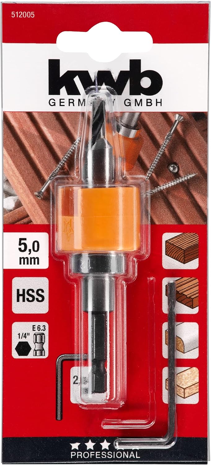 kwb Hartholzbohrer Ø 5 mm aus HSS-M2 mit Senker, verstellbarem Tiefenstopp - Hohe Standzeit und präz
