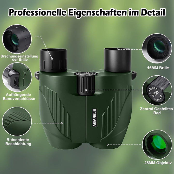 Fernglas für Erwachsene und Kinder, 10x25 Kompaktes Kleines Fernglas mit HD Linsen, Leicht, mit Gürt