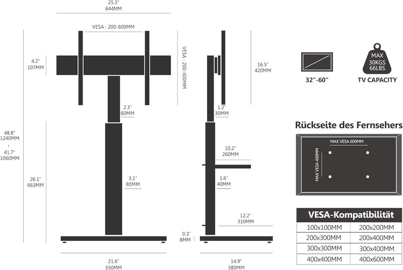 FITUEYES TV Ständer TV Bodenständer Standfuss Fernsehstand mit Regal höhenverstellbar schwenkbar für