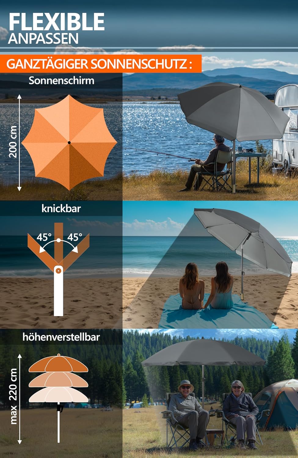 4smile Sonnenschirm Strand Ø 200 cm mit Rasendorn, 3-IN-1-SET, Anthrazit | Strandschirm windfest sta