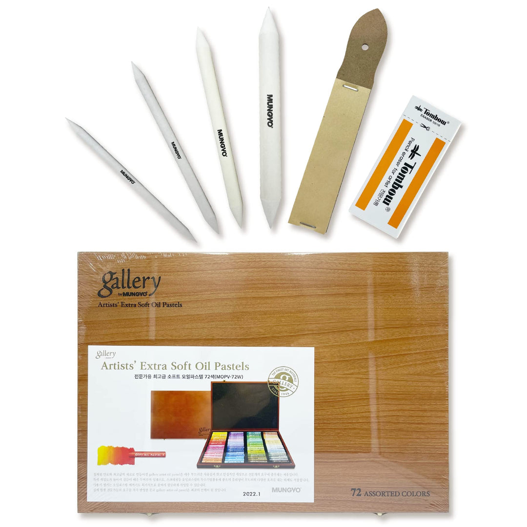 Mungyo Gallery Soft Oil Pastels Wood Box Set of 72 (MOPV-72W) with Blending Tortillon, Sandpaper, Ra