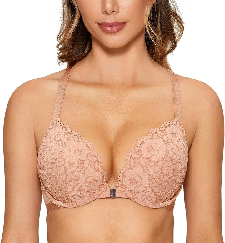 DOBREVA Damen Vorderverschluss BH mit Bügel Push Up Spitzen Neckholder BHS Racerback Tiefer Ausschni