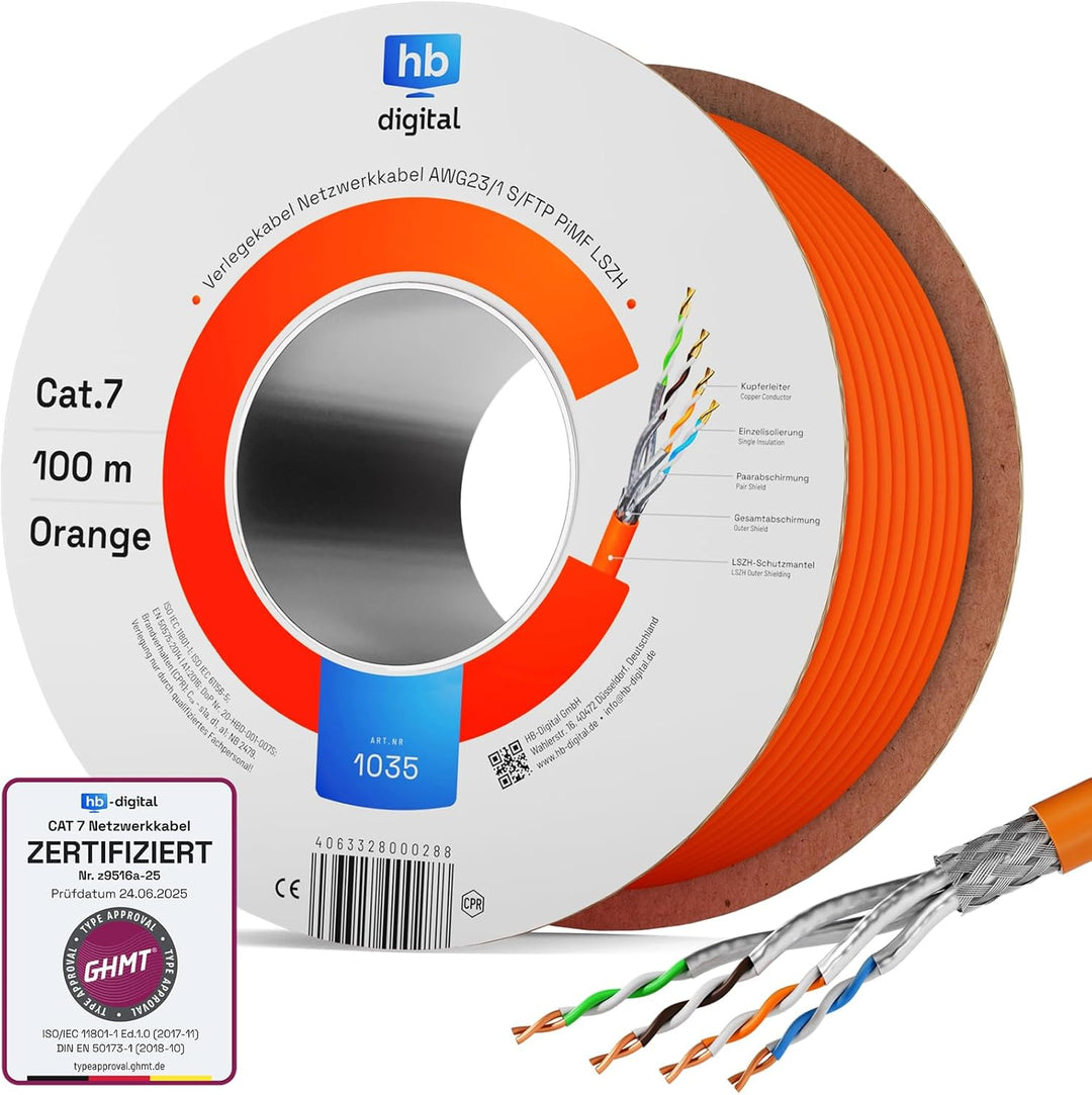 HB-DIGITAL 100m CAT.7 Netzwerkkabel LAN Kabel Verlegekabel AWG 23 Reines Kupfer S/FTP PiMF LSZH Halo