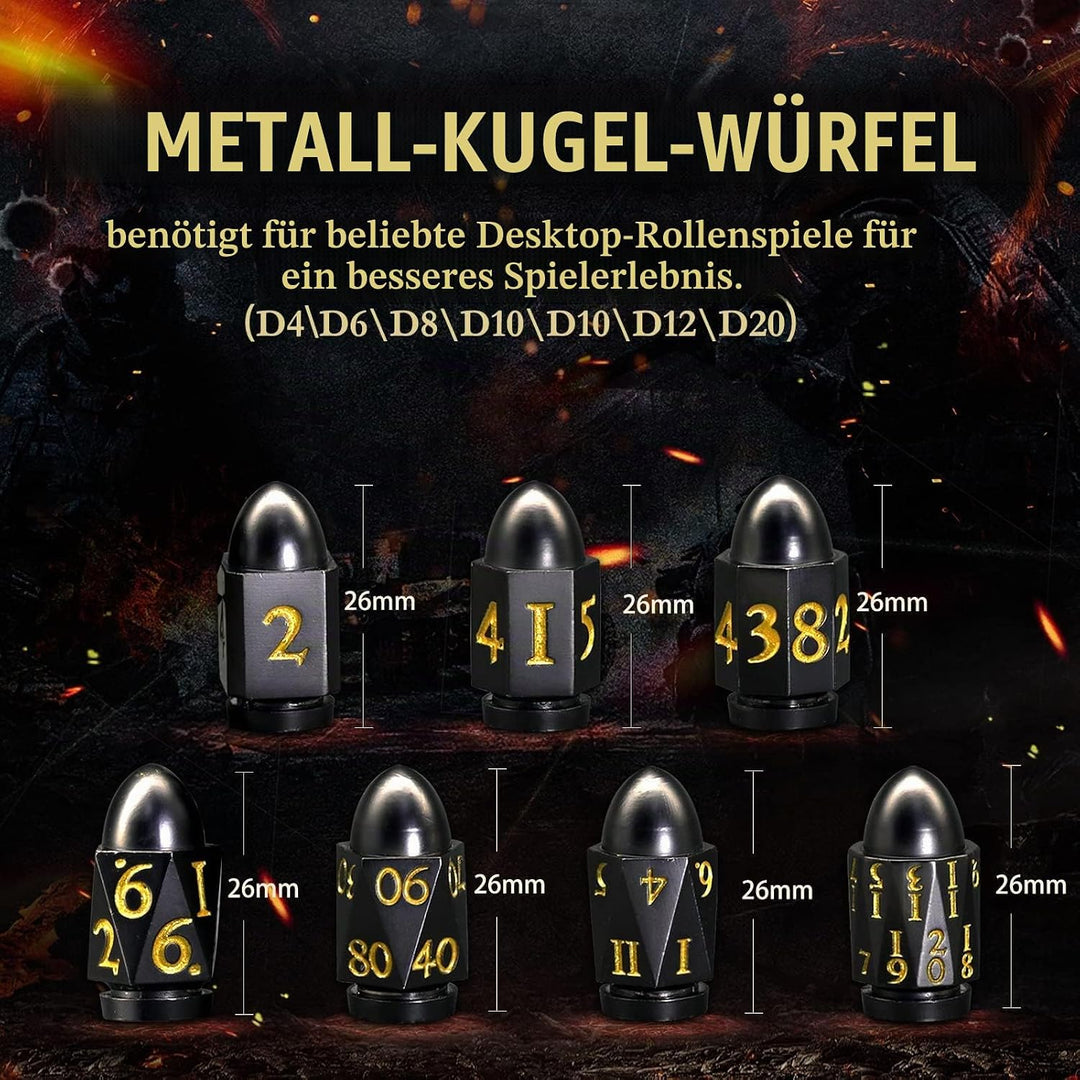 DND Würfelset Dungeons and Dragons Würfel, ZHOORQI Bullet Metall Würfel Set, Polyedrische Würfel Set