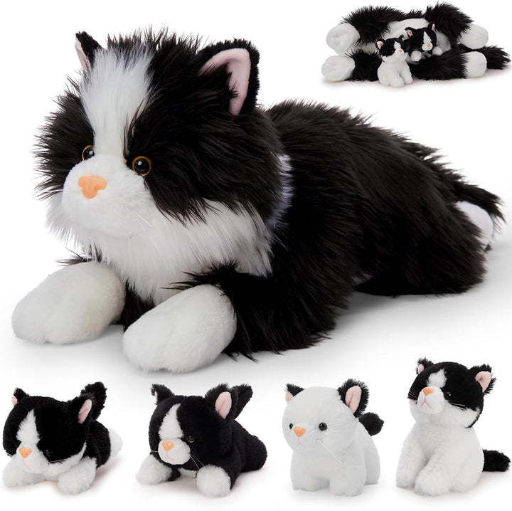 MorisMos 5 stücke Schwarz Katze Kuscheltier XXL Set, 50cm lang riesen Katze Kuscheltier mit Babys im