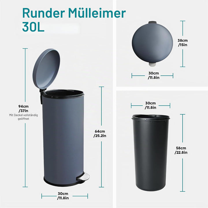 Mülleimer 30L Treteimer mit Softclose-Deckel und Pedal, Grau | 30L Edelstahl Treteimer, Rund, Müllei