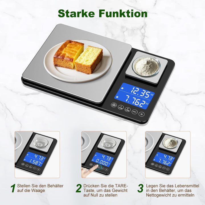BRICH küchenwaage digital mit Dualer Plattform – 500g/0,01g & 15kg/1g Präzision, Summierfunktion, 7