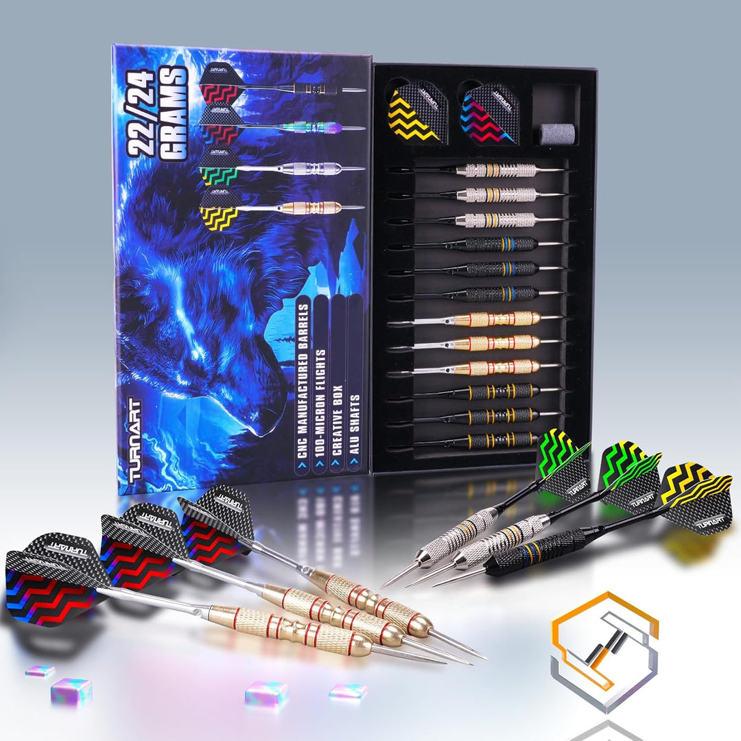 Turnart Dartpfeile mit Metallspitze, 12 Stück Profi Steeldarts mit Dart Case