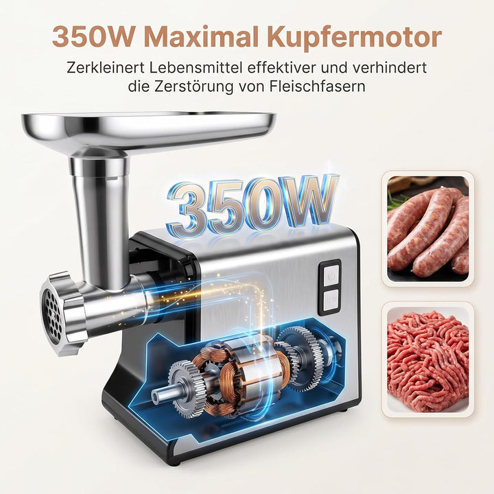 Fleischwolf Elektrisch, 3 in 1 Hocheffizienter Fleischwolf für Hausgebrauch mit Wurstfüllrohren und