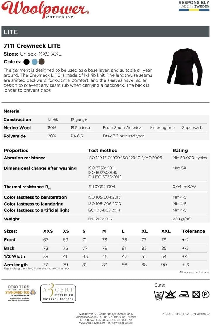 Woolpower Lite Crewneck Long Sleeve Shirt Men - Merino Unterwäsche XS Schwarz, XS Schwarz
