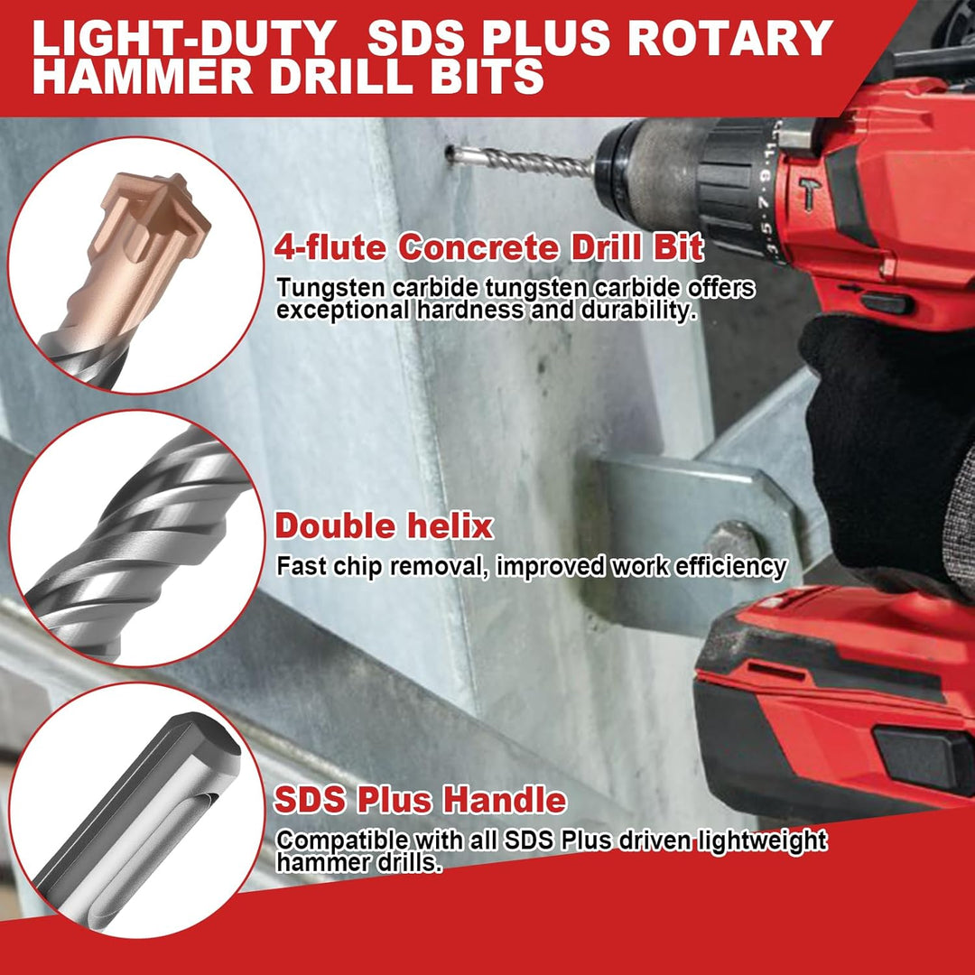 YOTINO SDS PLUS Bohrer und Meissel Set ink 8x Steinbohrer（Ø 6, 8, 10, 12 mm）, 2x Flachmeissel, 1x Sp