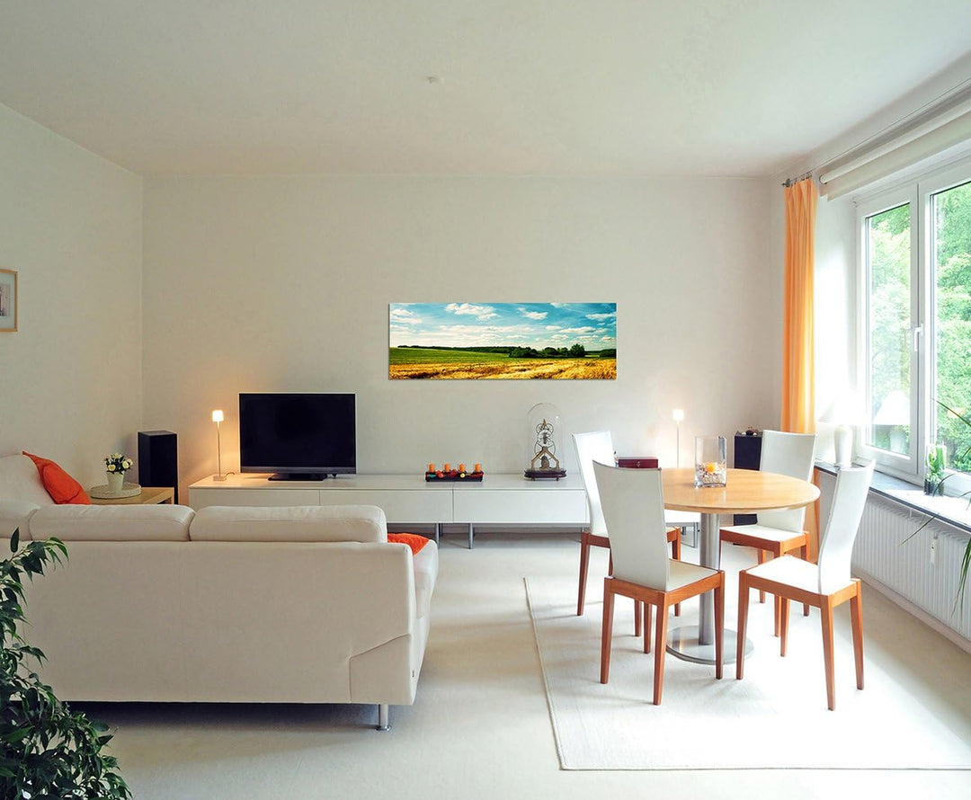 Paul Sinus Art Panoramabild auf Leinwand und Keilrahmen 150x50cm Landschaft Kornfeld Wolken Sommer