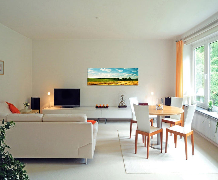 Paul Sinus Art Panoramabild auf Leinwand und Keilrahmen 150x50cm Landschaft Kornfeld Wolken Sommer
