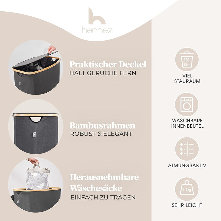 Hennez Wäschebox 150L - Wäschekorb 3 Fächer - Deckel - Wäschesortierer mit Wäschesack - Laundry Bask