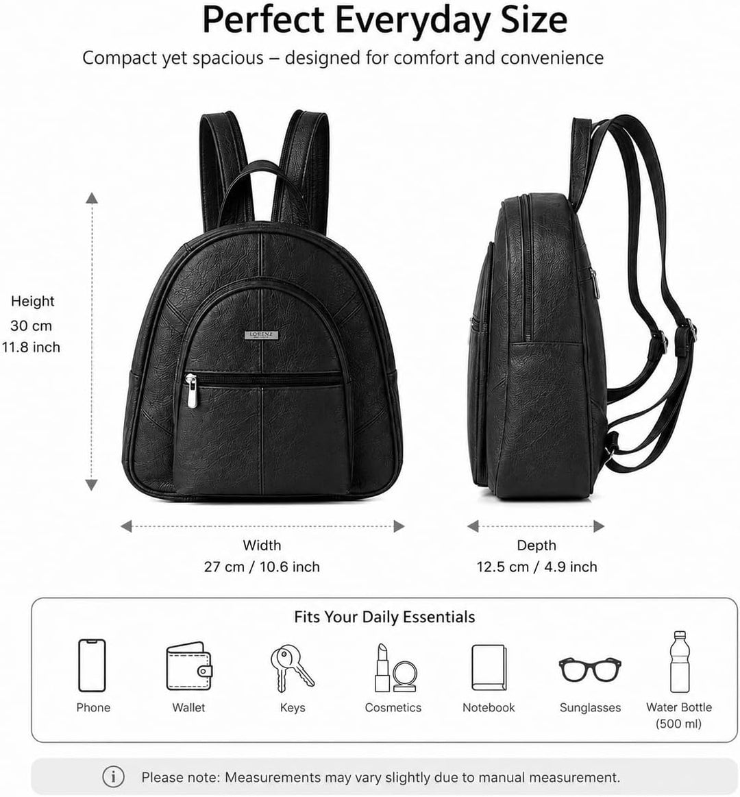 Woodland Leathers Modischer Damenrucksack, klein, schwarz, mit Anti-Diebstahl-Reissverschluss und Ha