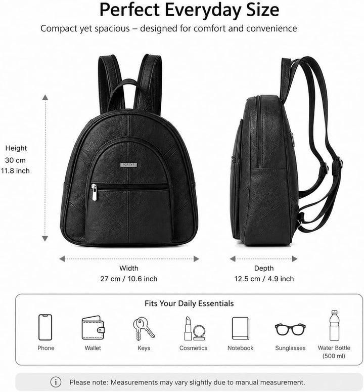 Woodland Leathers Modischer Damenrucksack, klein, schwarz, mit Anti-Diebstahl-Reissverschluss und Ha