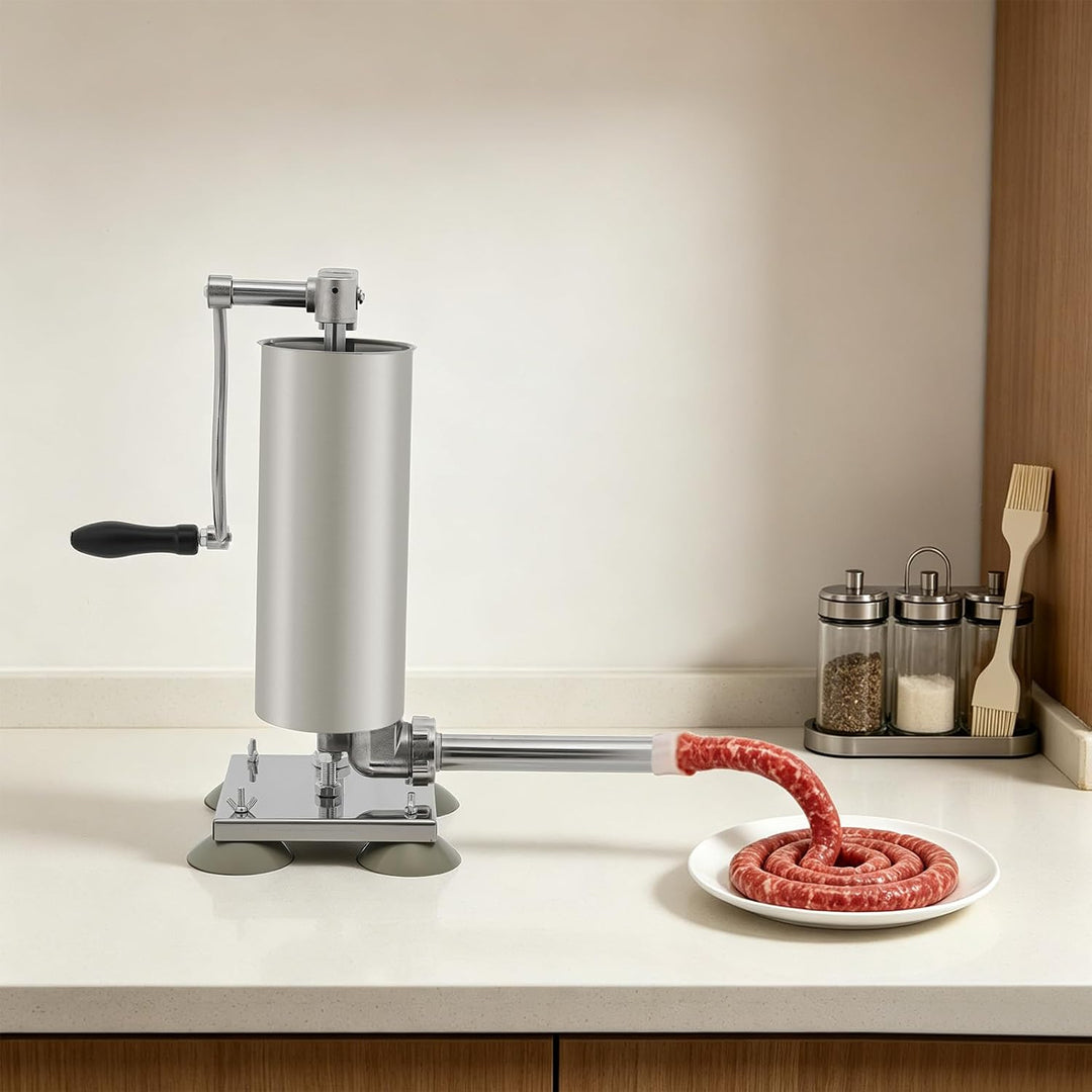 urstfüller 3L 6lbs manuell, vertikale Wurstfüllmaschine mit Edelstahl-Fass, Handkurbel, 4 Saugnäpfen