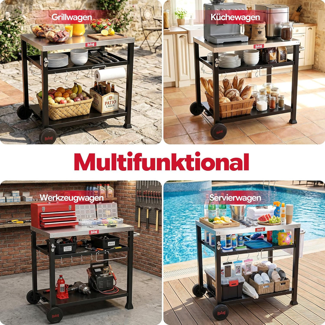 Feasto Grillwagen Outdoor 3 Etagen, Multifunktionaler Grilltisch mit Edelstahlplatt, Griff, Rollen,