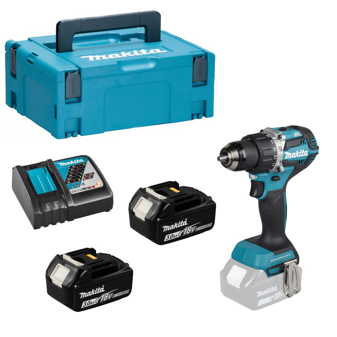 Makita DDF 484 RFJ Akku Bohrschrauber brushless 18V 54Nm + 2x Akkus 3,0Ah + Ladegerät im Makpac