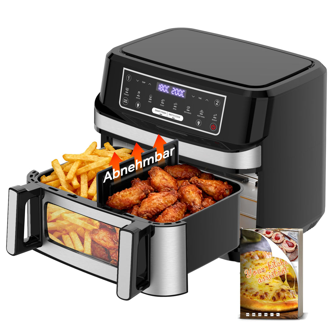 Heissluftfritteuse 12L | Air Fryer XXL Variabel für Einzel und Zweikammer, 2600W Doppel-Heizelement
