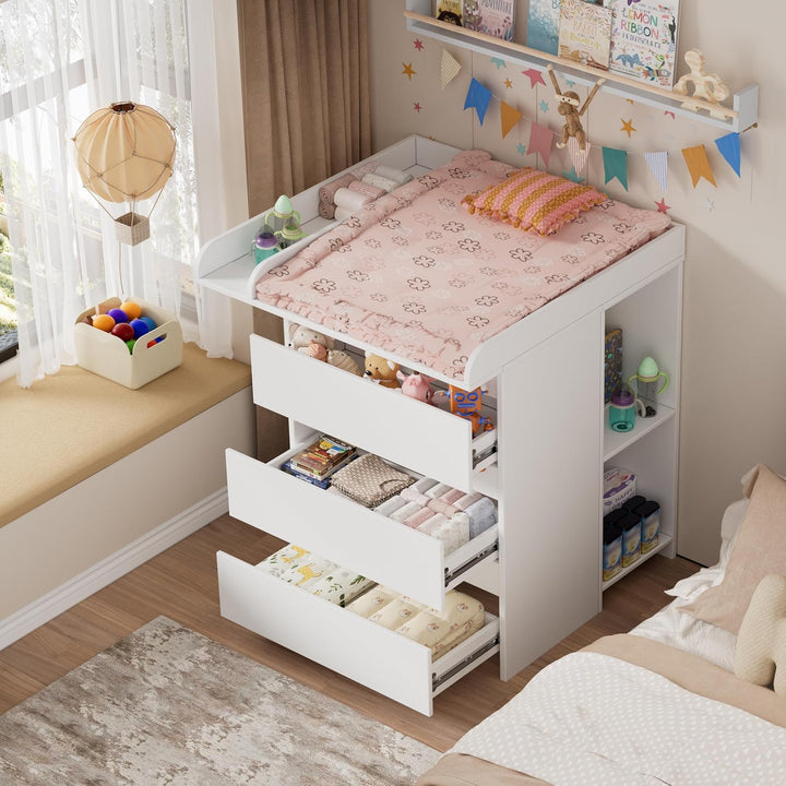 2-in-1 Wickelkommode mit abnehmbarem Wickelaufsatz, Baby Wickeltisch&Kommode mit 3 Schubladen und 6