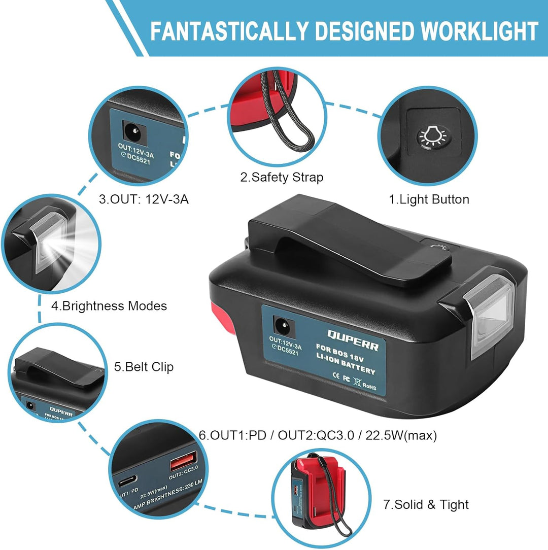 QUPERR USB Ladegerät Adapter für Bosch Professional Akku 18V mit zwei USB-Anschlüssen & DC 12V 3A An