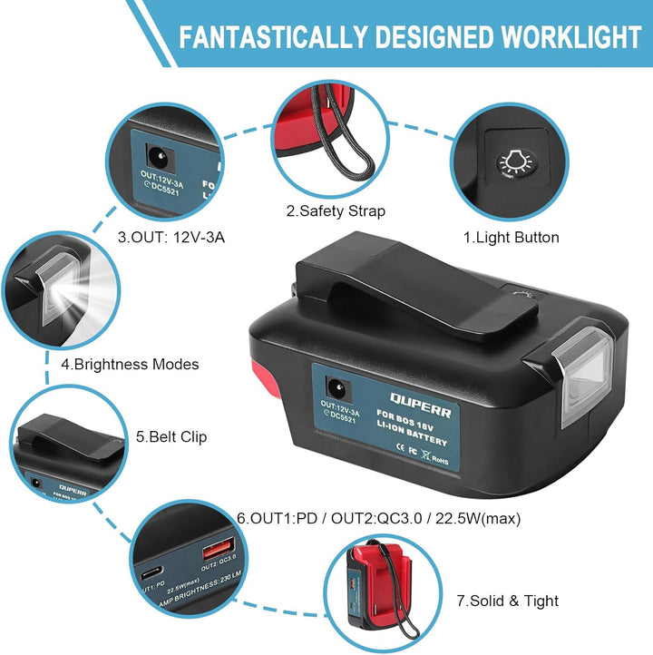 QUPERR USB Ladegerät Adapter für Bosch Professional Akku 18V mit zwei USB-Anschlüssen & DC 12V 3A An
