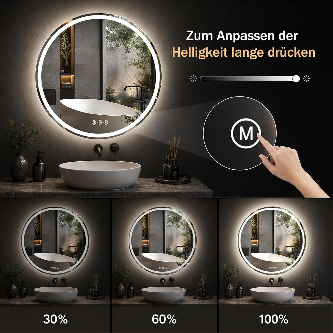 XRAMFY Badspiegel mit Beleuchtung 60cm*60cm, Antibeschlag, Rund Badezimmerspiegel mit Beleuchtung LE