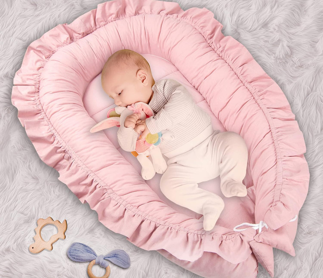PIMKO Babynest mit rüschen Babynestchen für Baby Kuschelnest Babykokon für Säuglinge und Neugeborene
