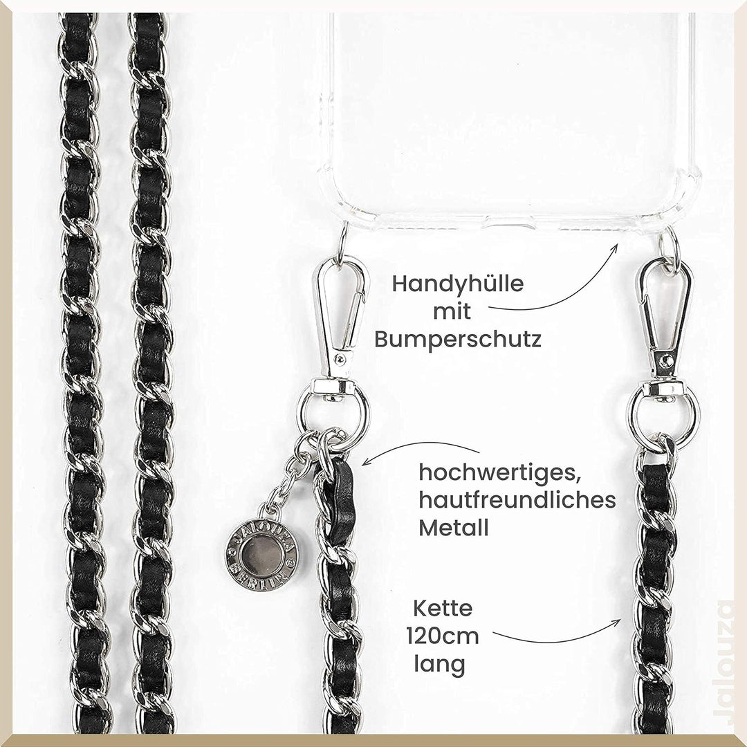 Jalouza Handykette, Kordel & Hülle Bundle kompatibel mit iPhone 12 & 12 Pro - Metallkette in Schwarz