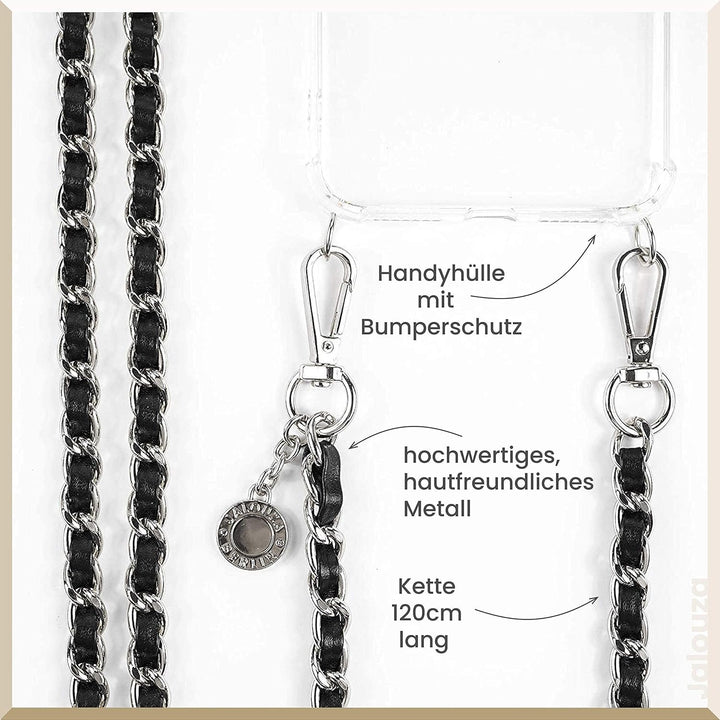 Jalouza Handykette, Kordel & Hülle Bundle kompatibel mit iPhone 12 & 12 Pro - Metallkette in Schwarz