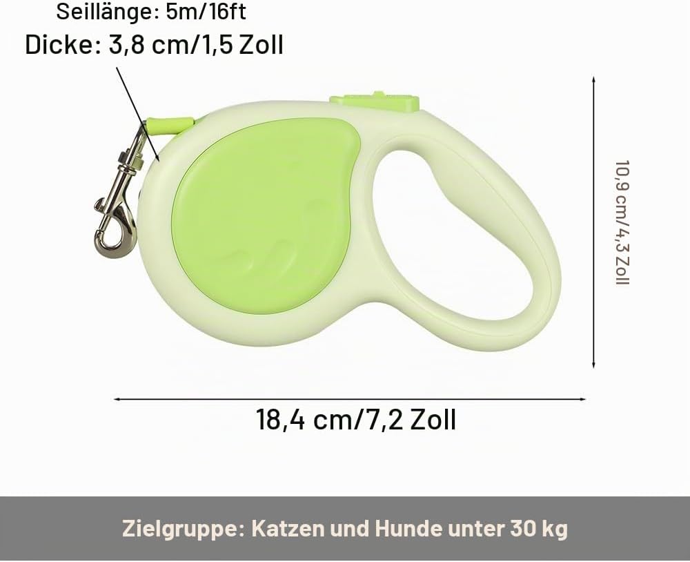 Einziehbare Hundeleine, 4,8m, Robuste Rollleine mit 360°-Drehhaken und LED-Licht, Haustier Leine für