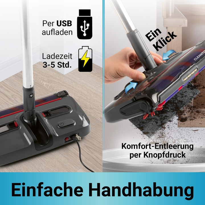 CLEANmaxx Akkubesen kabellos | Bodenfeger mit 1.200 U/min & 4 Bürsten | inkl. LED-Licht | Anti-Haar-