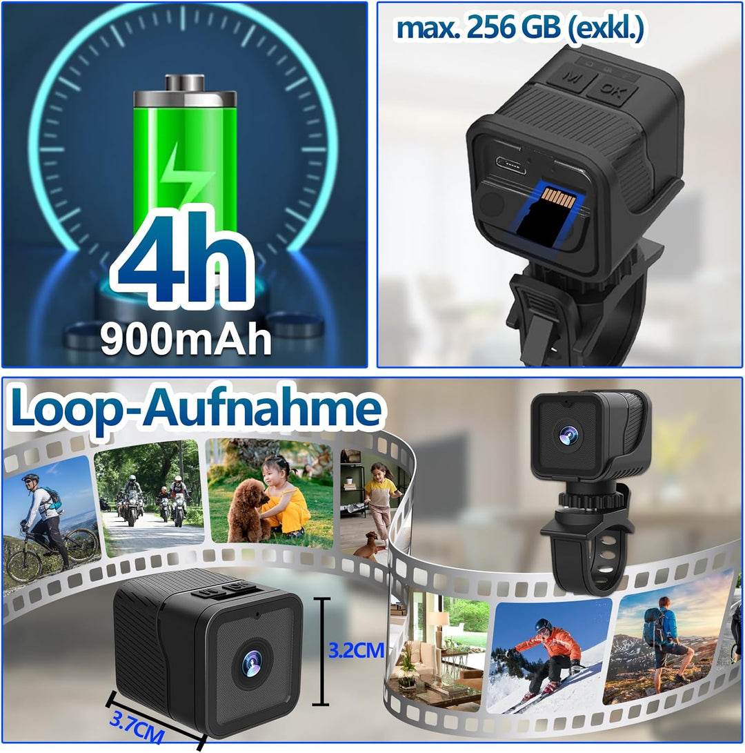 Mini Action Cam, WiFi 1080P HD & 120° Weitwinkel Helmkamera, 4 Stunden grosser Akku Actionkameras mi