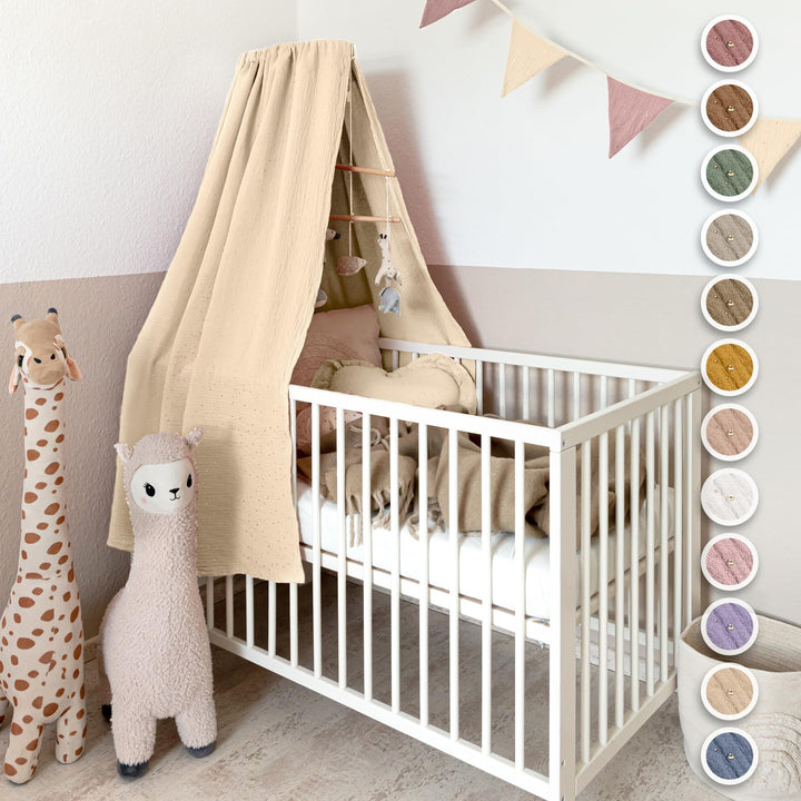 Betthimmel Babybett mit Goldapplikationen [in 12 Farben] Himmel Babybett aus 100% Baumwolle Musselin