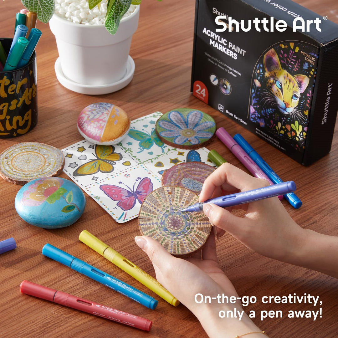 Shuttle Art 24 Metallic Acrylstifte für Steine wasserfest, Steine bemalen Stifte Set mit automatisch