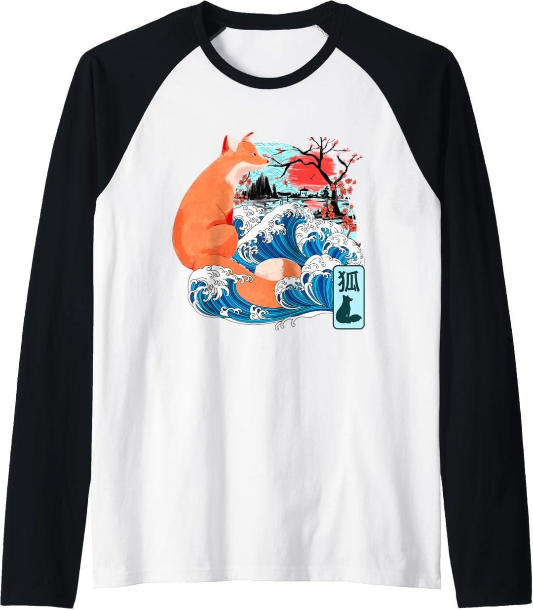 Japanischer Fuchs Kitsune Great Wave Kanagawa Japan Vintage Art Raglan