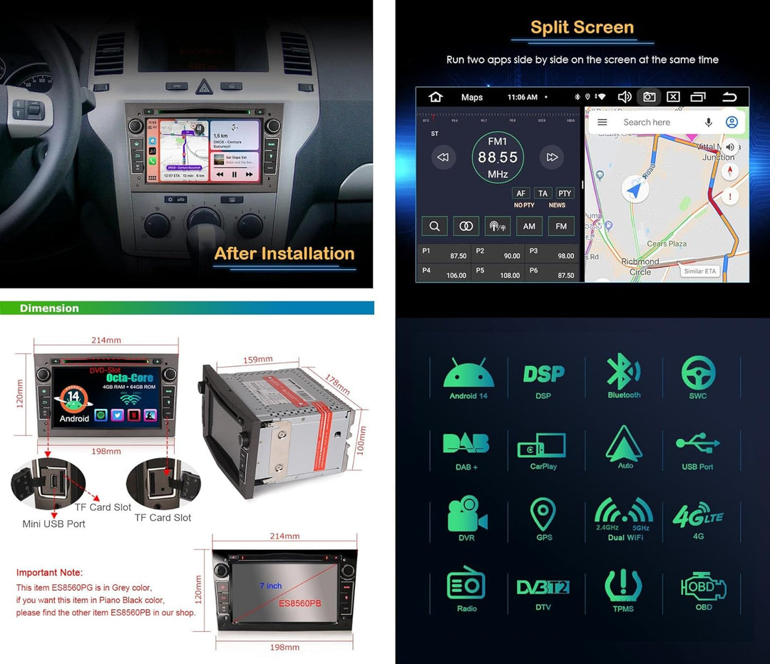 Erisin Android 14 4GB+64GB 8-Kern DVD Autoradio GPS Navi für Opel Antara Astra Corsa C/D Vectra Meri