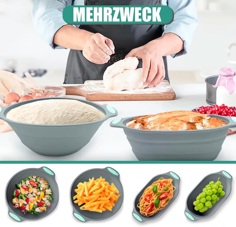 Professionelles Brotbackset aus Silikon – 2 faltbare & waschbare Gärkörbchen (rund & oval) mit Zubeh