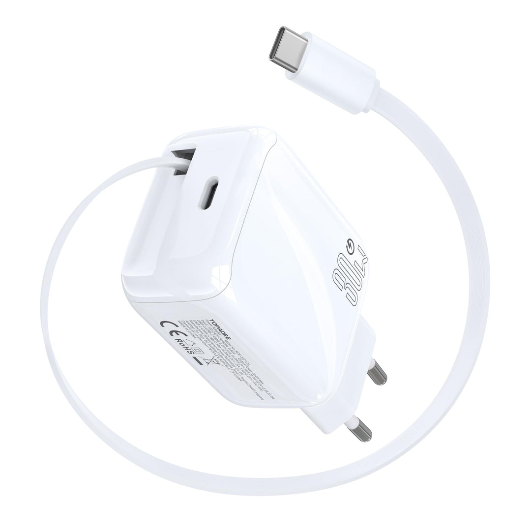 30W USB C Ladegerät, Schnellladegerät mit Einziehbares Ladekabel, GaN Ladestecker USBC PD 3.0 Power