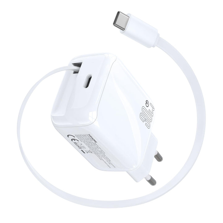 30W USB C Ladegerät, Schnellladegerät mit Einziehbares Ladekabel, GaN Ladestecker USBC PD 3.0 Power