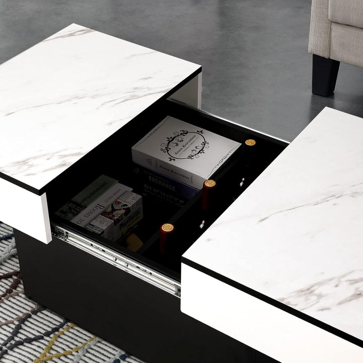 VOWNER Couchtisch, Moderner Couchtisch, Ausziehbarer Schreibtisch, Wohnzimmertisch mit 2 Stauräume,