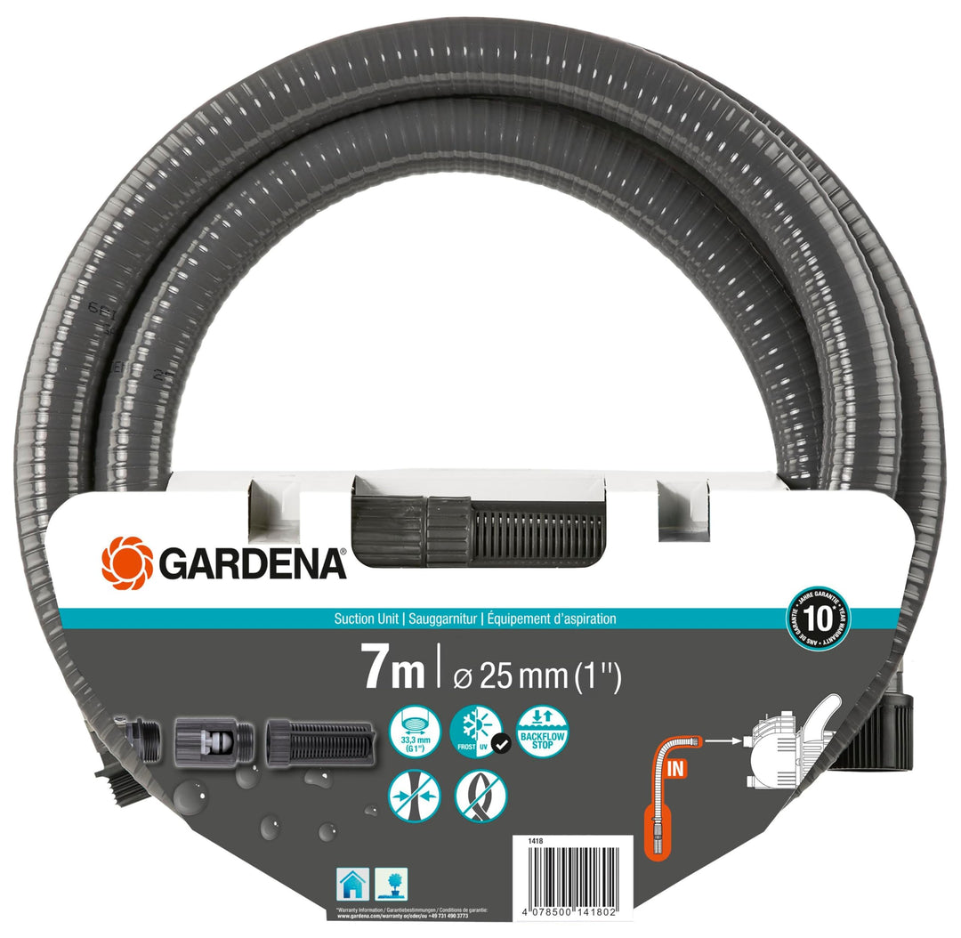 Gardena Sauggarnitur 7 m: Robuster Saugschlauch zum Anschluss an die Gartenpumpe, mit Saugfilter und